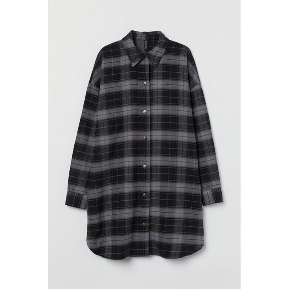 H&M NWT Plaid Shirt Dress in Black/Gray Size Large - Picture 1 of 12
